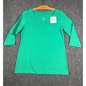 Coral Bay Womens‎ Top Small Green 3/4 Sleeve Embellished Neck Casual